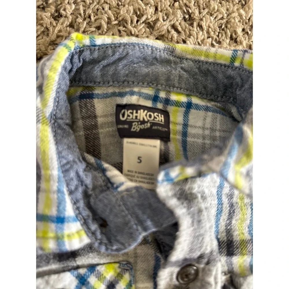 Oshkosh Boys Gray Neon Green Blue Long Sleeve‎ Flannel Size 5